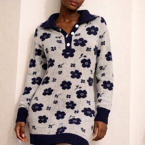 Lost + Wander Blue and White Floral Dress with Long Sleeves